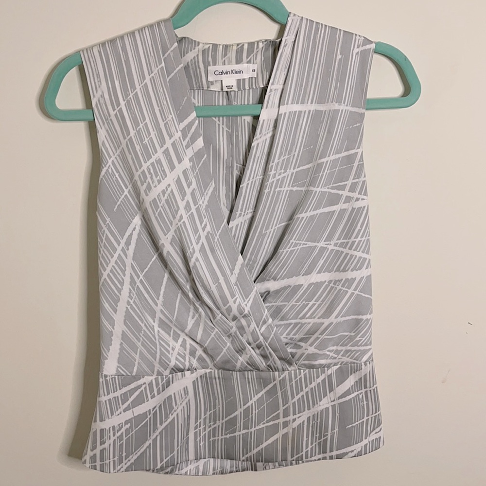 Calvin Klein Grey & White Faux Wrap Blouse